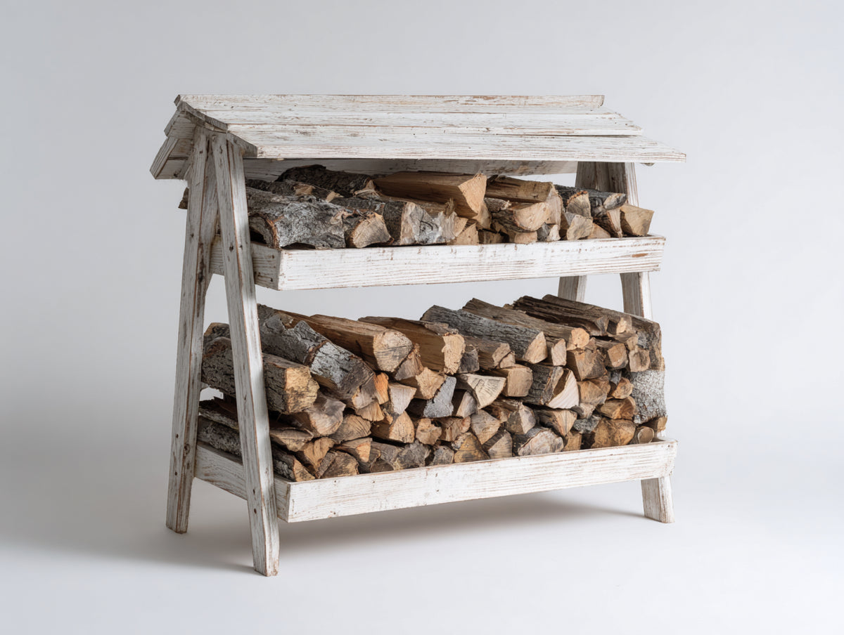 Portalegna - legno - 115x55x130 cm - bianco anticato - stile rustico compatto con tetto inclinato