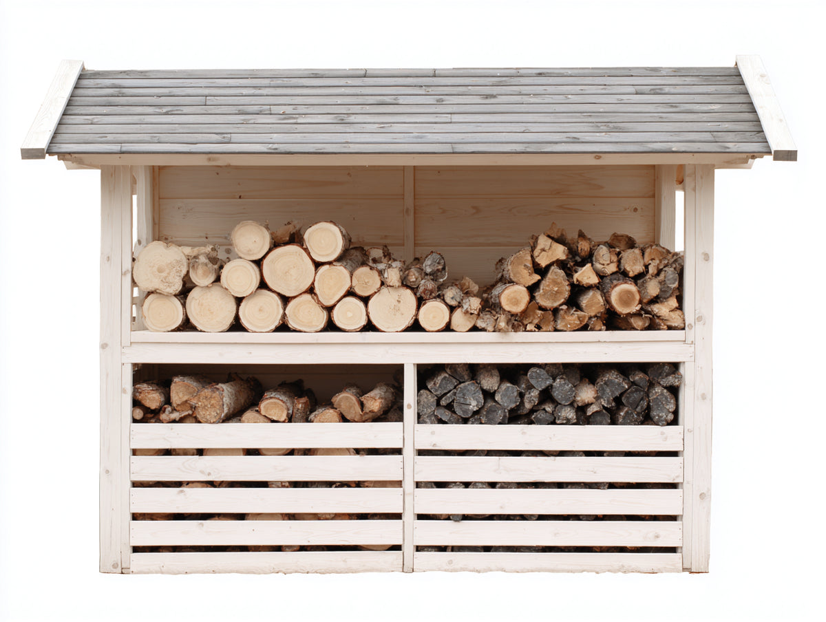 Portalegna - legno - 180x60x160 cm - bianco naturale-grigio - stile rustico con tetto inclinato