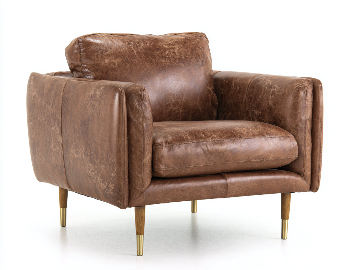 Poltrona - Pelle - Legno - Metallo - 105 x 92 x 82 cm - Marrone-Ottone - Stile industriale