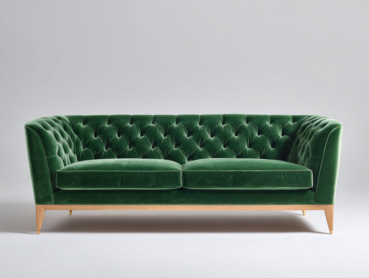 Divano lineare - Velluto-Legno - 200x88x80 cm - Verde smeraldo - Stile Chesterfield contemporaneo