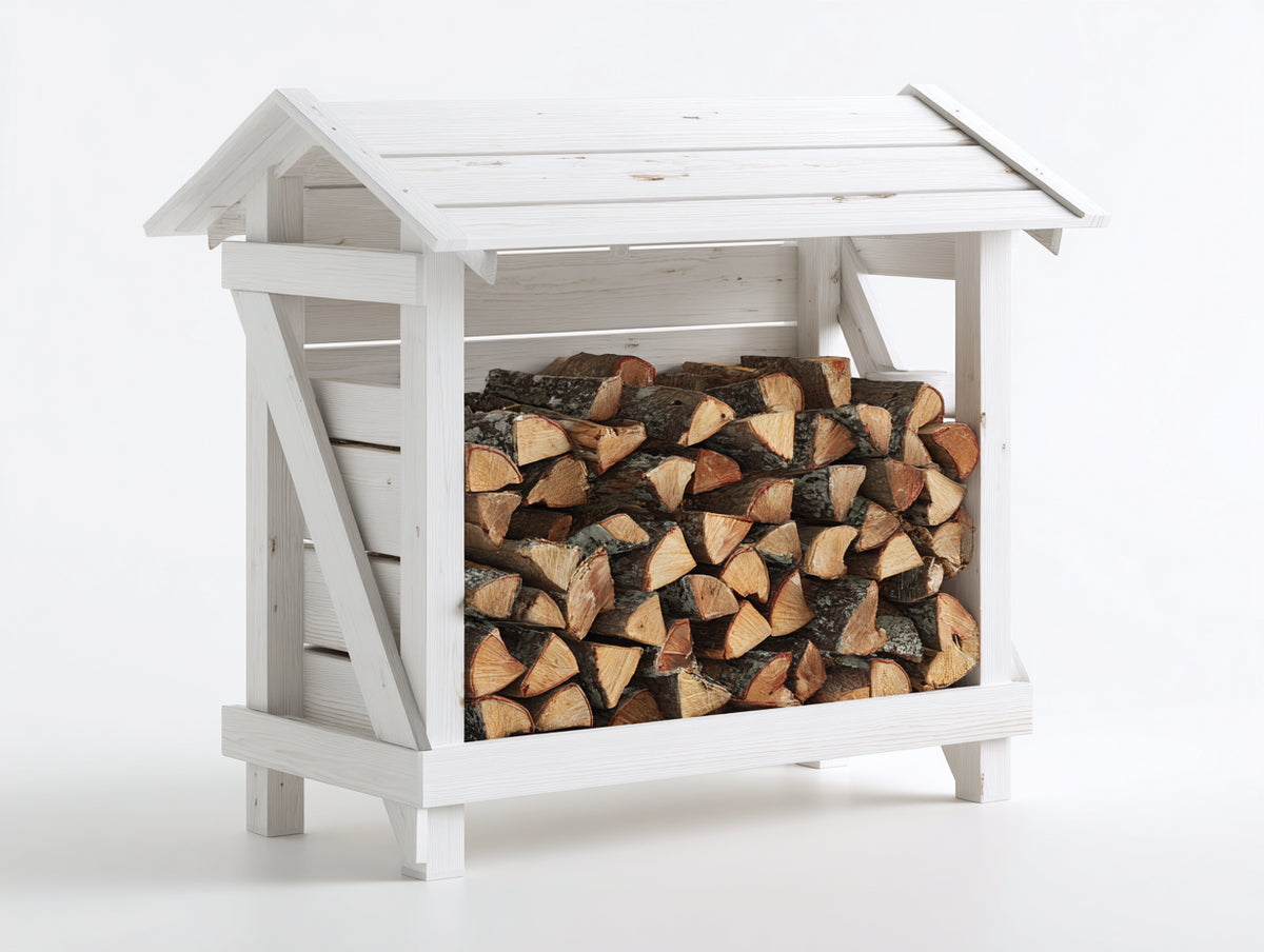 Portalegna - legno - 135x60x145 cm - bianco - stile rustico con tetto a due falde