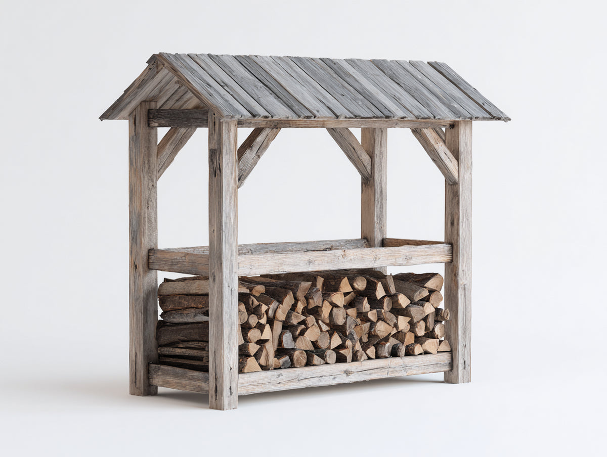 Portalegna - legno - 150x65x160 cm - grigio anticato - stile rustico con tetto a capanna